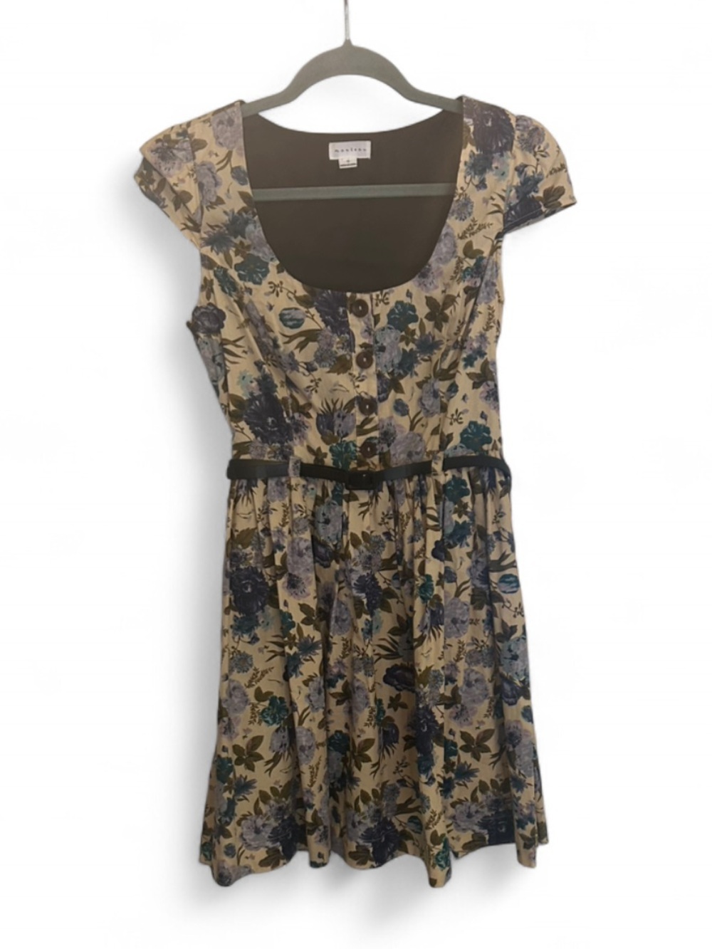Monteau Multicolor Floral Short Sleeve Belted Scoop Neck A-Line Dress S